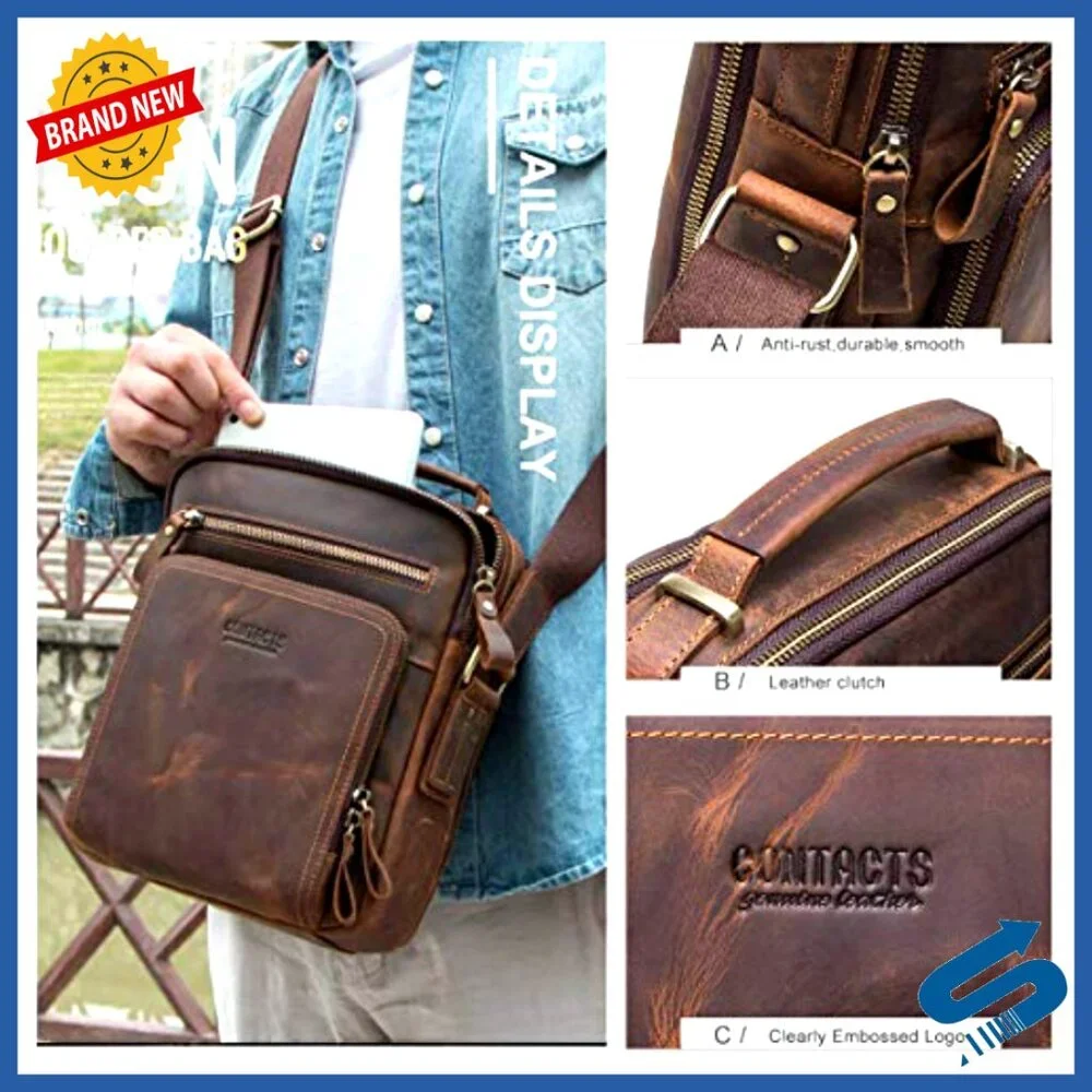 Crazy Horse Leather Messenger Bag for iPad, Crossbody Briefcase